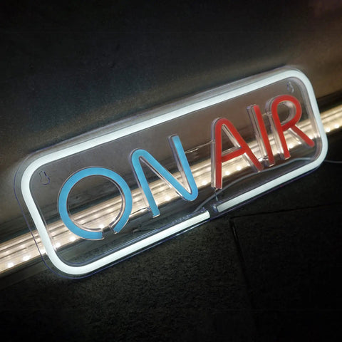 Live On Air Neon Sign For Streamers And Gamers USB Powered LED Studio Decor Lights with blue and red lettering on black background.