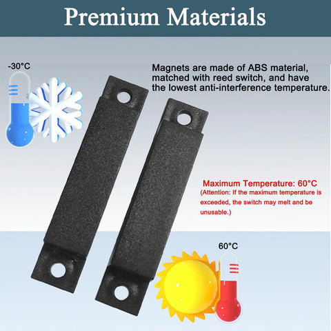 Two Normally Closed 12V Magnetic Reed Switch Door Sensors for Home Alarm Security System showing temperature range and ABS material