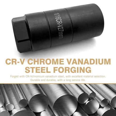 Oil Pressure Sensor Socket Kit For Three Eighths Drive Six Point Pro Auto Socket Fits One And One Eighth Inch Hex Wrench Gas Pressure Switch Socket For Quick Removing And Installing Oil Sending Unit in chrome vanadium steel material with CR-V 27mm marking.