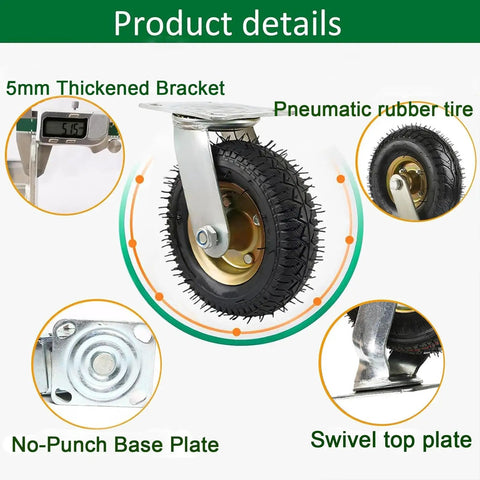 Close-up of High Performance Industrial Swivel Casters And Lockable Fixed Wheels with pneumatic rubber tire and thickened bracket.
