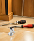 Premium Stainless Steel Marine Door Catch For Yacht Cabin Silver Latches With Anti Collision Protection To Stop Slamming And Protect Surfaces From Damage, shown with tools.