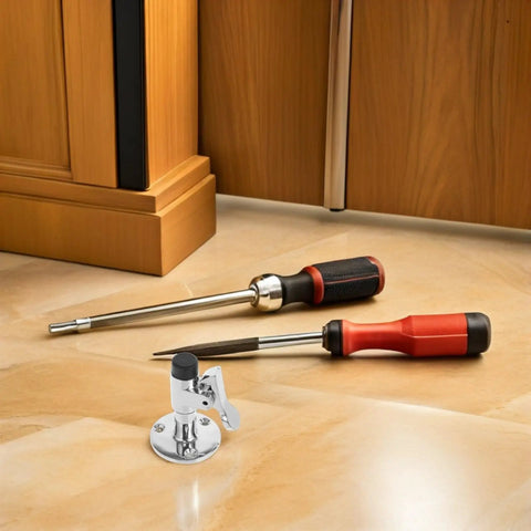 Premium Stainless Steel Marine Door Catch For Yacht Cabin Silver Latches With Anti Collision Protection To Stop Slamming And Protect Surfaces From Damage, shown with tools.