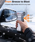 Beast Mode 180000 RPM Cordless Air Duster With 3 Speed Settings clearing snow from car mirror with hand