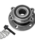 Front Wheel Bearing And Hub Assembly For Audi A3 Q3 TT Quattro Beetle Eos CC Tiguan And Passat With ABS 5 Lug Replacement, view of assembly with bolts