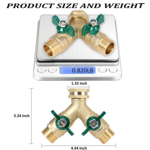 Brass Garden Hose Splitter With Full Port Valve For Maximum Flow Built To Last Two Way High Flow Y Connector All Metal Outdoor Faucet Splitter With Shutoff Durable Water Hose Adapter And Connector, 4.44 inch