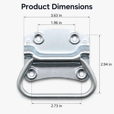 3-1/2 Inch Chest Handles, Two Pack, Steel Surface Mount Pull Ring Handles, Zinc Plated, product dimensions labeled
