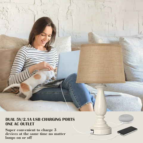 Woman sitting on couch next to Three Way Dimmable Touch Lamps For Bedrooms Set Of 2 With USB Ports And AC Outlet Rustic Resin Nightstand Lamps With Drum Shade Go To Bedside Lighting For Living Rooms And End Tables Includes Two Bulbs.