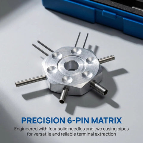 Six Pin Terminal Extraction Tool For DT DTP Molex Delphi AMP Connectors, beefy stainless steel pin remover on table