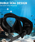 Scuba Mask For Grownups And Teens With Panoramic HD Lenses Snorkel Goggles highlighting double seal design for prevention.