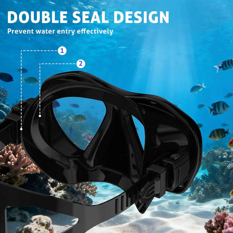 Scuba Mask For Grownups And Teens With Panoramic HD Lenses Snorkel Goggles highlighting double seal design for prevention.