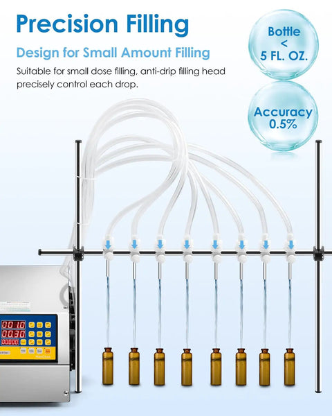 Eight Channel Peristaltic Liquid Filling Machine delivering precise filling for mini bottles under five ounces.