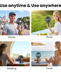 Ultra Quiet 6 Inch Handheld Personal Fan With 6 Speeds Rechargeable Battery shown at Disney, picnic, reading, travel