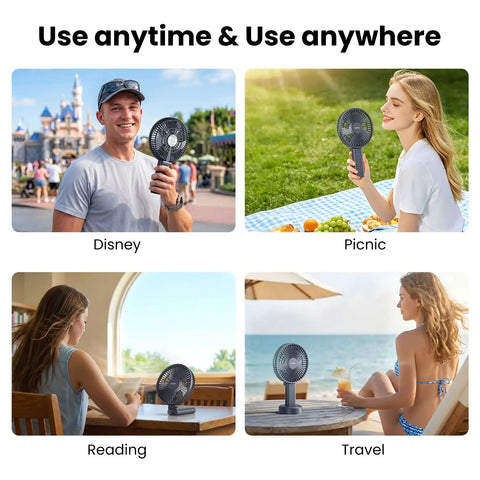 Ultra Quiet 6 Inch Handheld Personal Fan With 6 Speeds Rechargeable Battery shown at Disney, picnic, reading, travel
