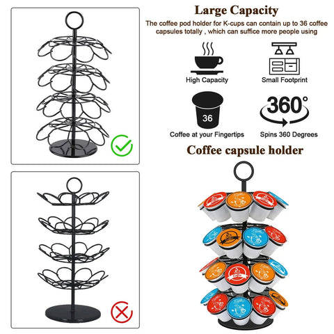Coffee Pod Carousel Organizer With 360 Degree Revolving Base Holds 36 K Cup Pods in metal frame, empty and filled displays.