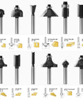 Heavy Duty 12 Piece Tungsten Carbide Router Bits Set With Standard Quarter Inch Shank, various router bits displayed.