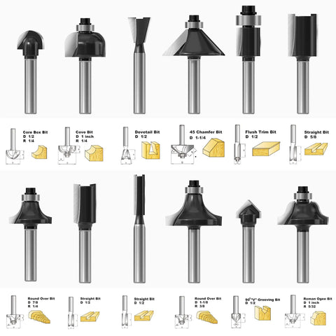 Heavy Duty 12 Piece Tungsten Carbide Router Bits Set With Standard Quarter Inch Shank, various router bits displayed.
