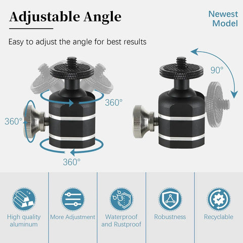 Universal Mini Ball Head Tripod Mount For Cameras One Quarter Inch Twenty Thread 360 Degree Rotation 90 Degree Tilt Silver