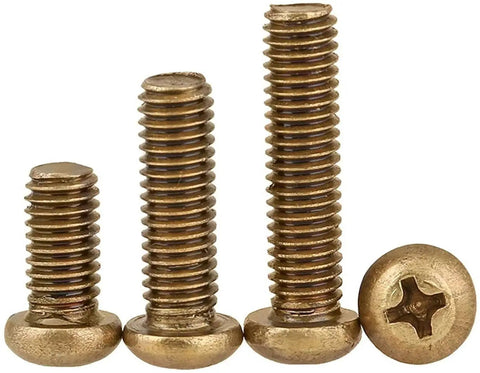 Top Tier Brass Self Tapping Screws With Classic Phillips Round Head Design And Knockout Heavy Duty Machine Bolt Build Featuring Slick Rust Resistant Finish For Bulletproof M3 8mm 25mm Fastener Use On Any Rig - Four sizes displayed.