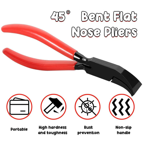 45° bent flat nose pliers with ergonomic anti-slip handle and rust-resistant coating, ideal for sheet metal bending and seaming.