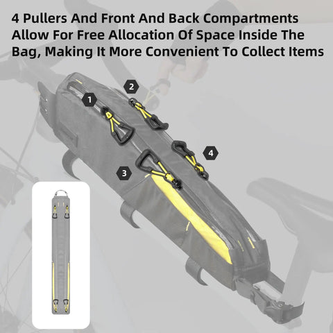 Top Tube Bike Bag Waterproof Front Frame Organizer 2.1L with dual side mesh pockets on bicycle frame showing compartments
