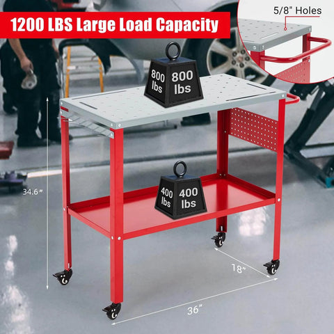 Movable Welding Table 36 By 18 Inch Heavy Duty Steel Workbench With 1200 Lbs Total Load Capacity, 800 Lbs Table Top, 400 Lbs Tool Tray