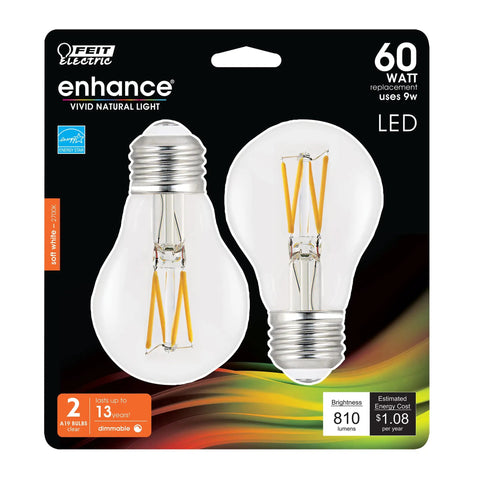 LED A19 Light Bulb 60W Equivalent Dimmable, 810 Lumens, 2700K Soft White, 2 pack packaging