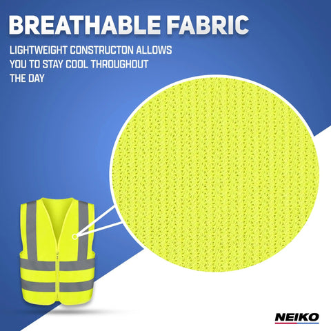 Close-up of breathable fabric on High Visibility Safety Vest ANSI Class 2 No Pocket Neon Yellow Large Lightweight 100 Percent Polyester
