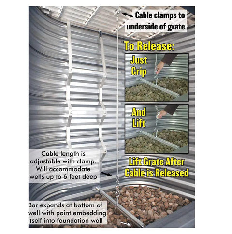 Security Kit For Window Wells With Grates That Project 22 To 26 Inches, Adjustable SK6; cable clamp and lifting instructions.
