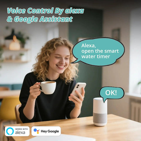 Woman using voice control with Alexa for Smart WiFi Water Timer For Garden Hose With App Control No Fuss Setup 2 Zone Brass Inlet