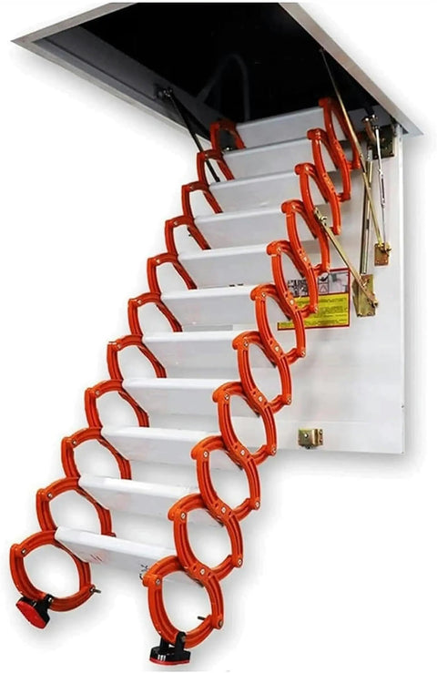 Rock Solid Aluminum Alloy Pull Down Attic Ladder Built Tough Motorized Stealth Loft Stairs with folding telescopic design
