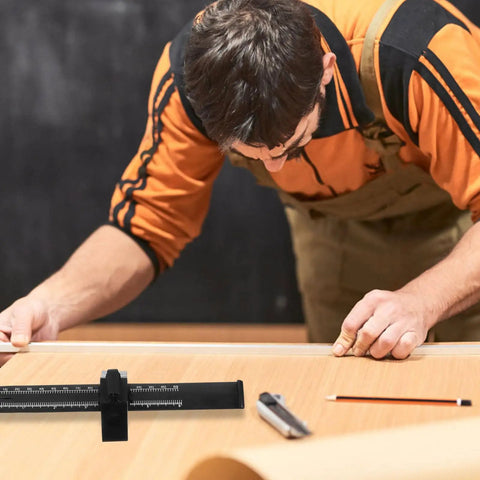 Dead On Precision Carpentry Scriber Mortise Marking Gauge used by a carpenter marking wood for precise cuts.