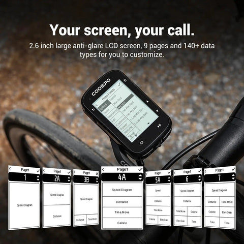 Wireless Bike Computer With 2.6 Inch LCD GPS Route Navigation mounted on a bicycle handlebar, screen displaying customizable data pages.