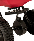 Close-up of Deluxe Heavy-Duty Walk-Behind Commercial Broadcast Spreader With 80 Lb Capacity showing poly tires and mechanism