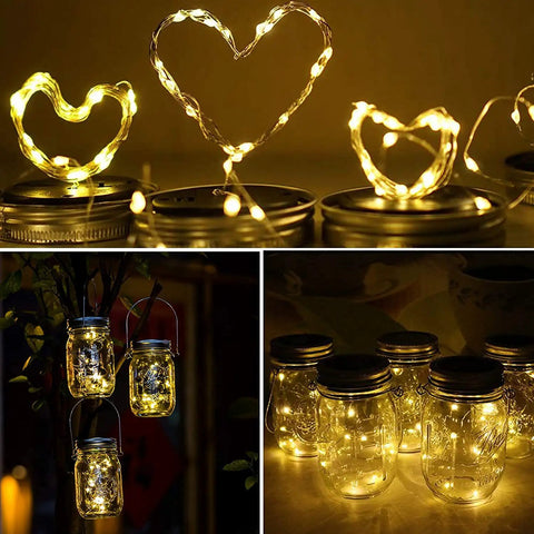Solar Mason Jar Lid Lights With 30 Warm White LEDs, Waterproof Outdoor Fairy String Lights On 3.3 Ft Wire, Hangers For Regular Jars