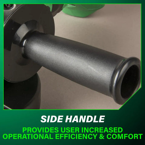 Cordless 18V 4-1/2 Inch Angle Grinder Kit showing close-up of soft grip handle with Boss Torque and safety features.