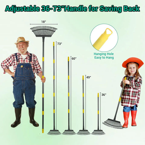 Adjustable Garden Rake With 36 To 73 Inch Extendable Handle 18 Inch Wide Head 25 Metal Tines shown with adults and children