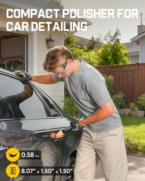 Man using Pro Grade Mini Cordless Car Buffer Polisher P10 Pro on vehicle door handle, showing compact design and detailing use.