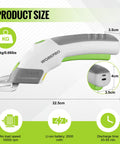 WORKPRO Cordless Electric Scissors With Dual Sharp Blades, rechargeable power shears showing size and specifications for fabric cutting.