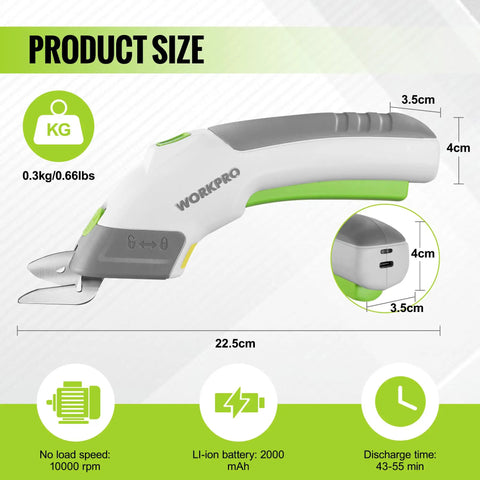 WORKPRO Cordless Electric Scissors With Dual Sharp Blades, rechargeable power shears showing size and specifications for fabric cutting.