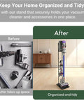 Comparison of vacuum tools cluttered and organized with Sturdy Metal Dyson Cordless Vacuum Stand Docking Station Holder Built To Last