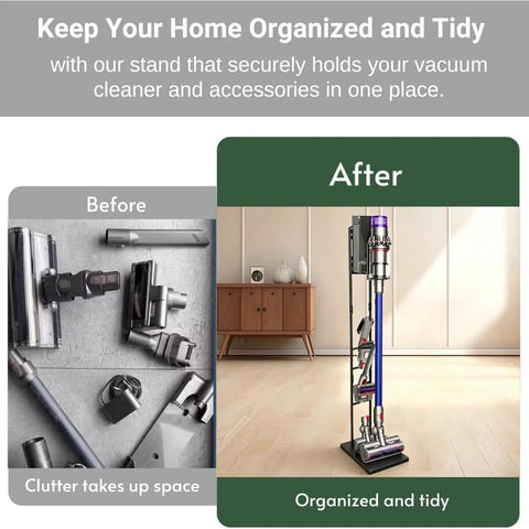 Comparison of vacuum tools cluttered and organized with Sturdy Metal Dyson Cordless Vacuum Stand Docking Station Holder Built To Last
