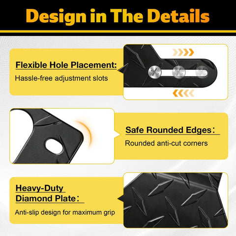 Design features of Heavy Duty Aluminum Trailer License Plate Bracket Frame With Universal Mounting Kit Rustproof Hardware for Trucks Trailers RVs and Boats.