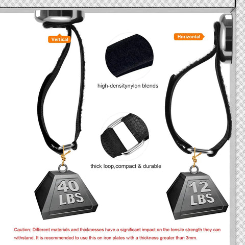 Heavy Duty Magnetic Hooks Set 40 Lbs Holds Cables Ropes Wires Cordless Tools For Garage Workshop RVs Cruises Pickup Trucks 4 Pack Tool Hangers Industrial Strength Magnetic Power showing 40 lbs and 12 lbs weights