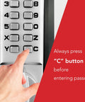 Hand pressing 'C' button on keypad of upgraded 2025 mechanical deadbolt lock with thumb turn and flat spindle no battery needed keyless entry.