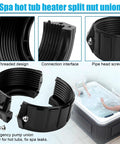 Spa heater split-nut unions, black plastic, 2-pack with screws and gasket for 2-inch heater assemblies; front view.