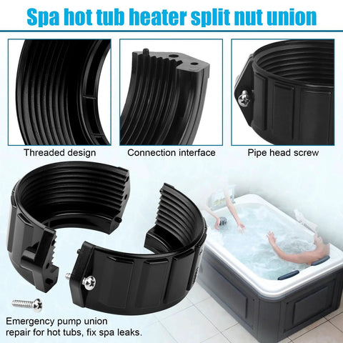 Spa heater split-nut unions, black plastic, 2-pack with screws and gasket for 2-inch heater assemblies; front view.