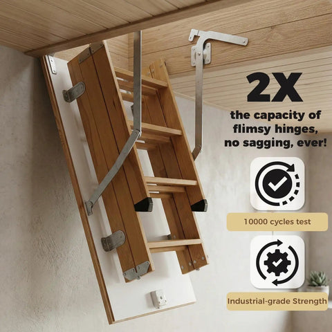 55-2 Attic Ladder Hinge Arms Replacement for Werner Terrace installation on attic ladder with safety features shown