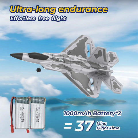 F22 Remote Control Airplane 4 Channel With Lights 2.4G Fighter Jet With Six Axis Gyro Stabilizer, two batteries shown