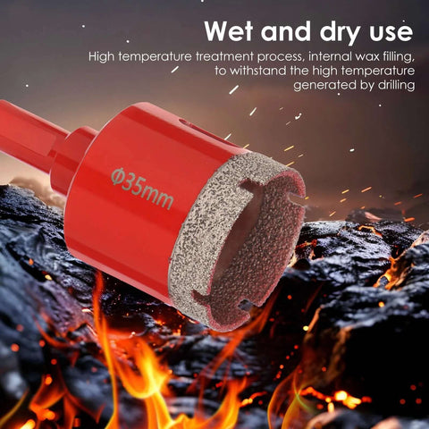 Red diamond hole saw drill bit, 35mm diameter, close-up view for ceramic tile and glass.
