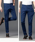 Mens Pinstripe Wrinkle Resistant Dress Pants For Business Lightweight Trousers Slim Fit Tapered Casual Style In Dark Blue